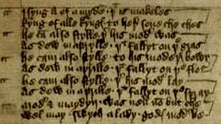 Single surviving manuscript source of "I syng of a mayden" in Sloane MS 2593. Note how the two-verse structure in the manuscript differs from most transcribed versions. I syng of a mayden.jpg