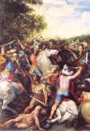 Tullus Hostilius defeating the army of Veii and Fidenae, modern fresco. La Victoire de Tullus Hostilius sur les forces de Veies et de Fidena.jpg