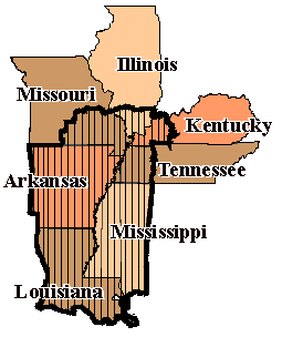 Map of the Mississippi Delta region in southeastern Louisiana, USA.