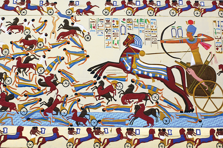 Modern loose interpretation at the The Pharaonic Village in Cairo of a Battle scene from the Great Kadesh reliefs of Ramses II on the Walls of the Ramesseum.jpg