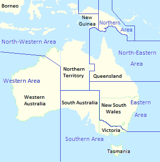 Map of Australia showing state borders, with RAAF area command boundaries superimposed