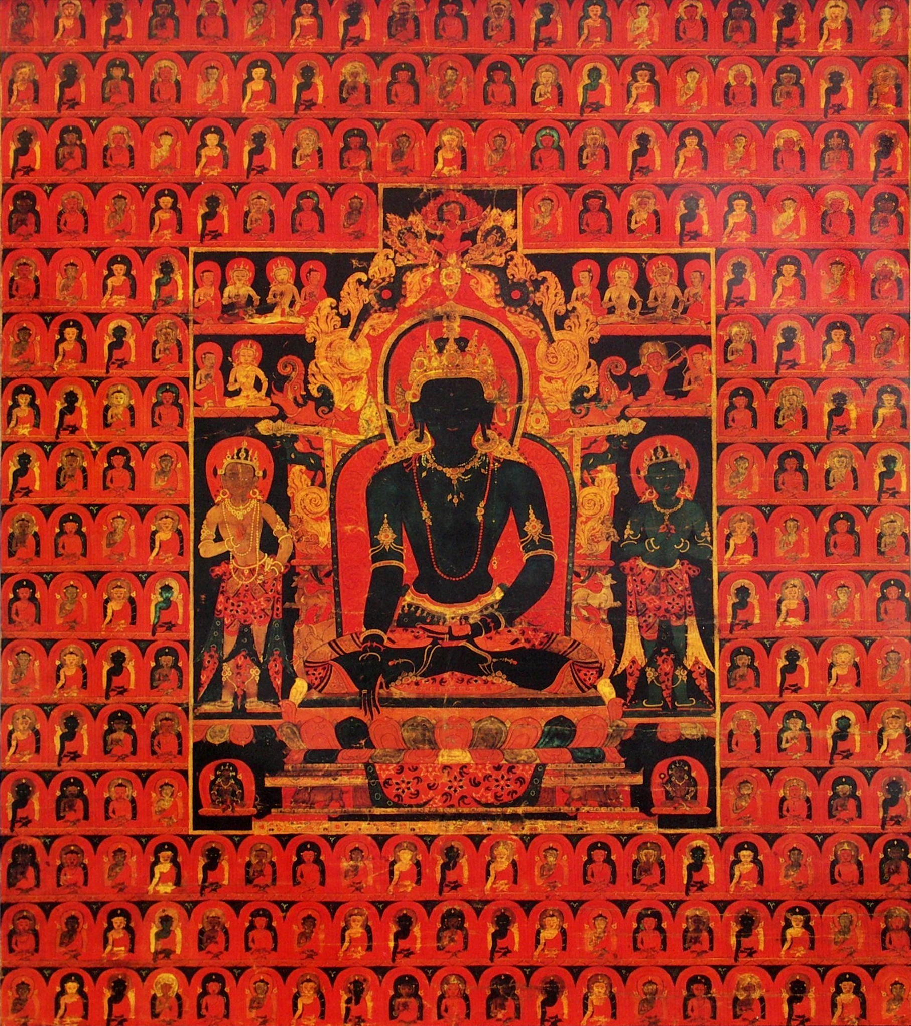 'The Dhyani Buddha Akshobhya', Tibetan thangka, late 13th century, Honolulu Academy of Arts. The background consists of multiple images of the Five Dhyani Buddhas.