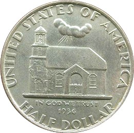 Old Swedes Church depicted on the 1937 Delaware Tercentenary half dollar coin
