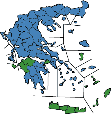 Legislative election results map. Blue denotes prefectures won by New Democracy, Green denotes those won by PASOK. GreekElectionResults2004.png