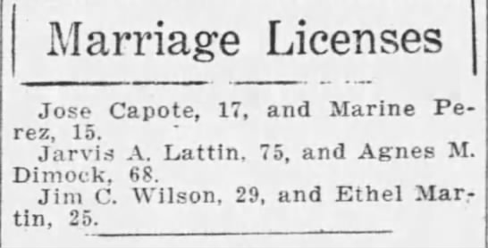 File:Jarvis Andrew Lattin (1853-1941) and Agnes M. Thornhill (1860-1937) Dimmock marriage license in the Tampa Times on November 14, 1928.jpg