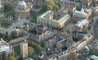 Aerial photograph of Oxford with Hertford College marked: showing the 3 quads (Old Buildings, New Buildings and Holywell), the Chapel, Hall, Bridge and Octagon