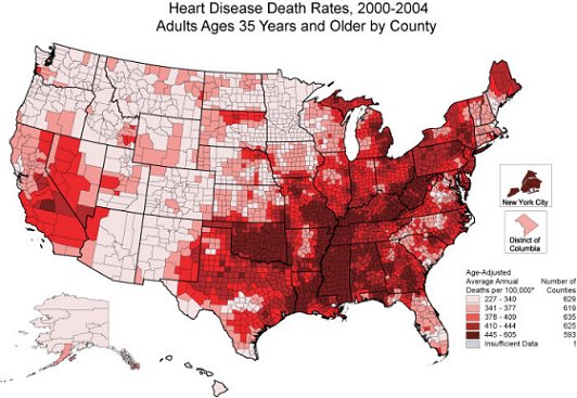 More modern disease map showing deaths from heart disease among white males in the US from 2000-2004 UpdatedHeartDiseaseMap.jpg