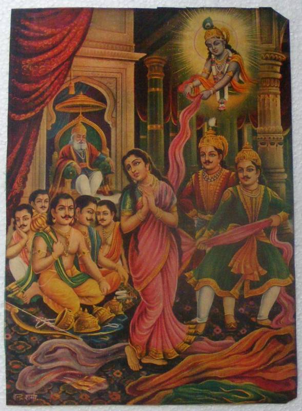 7.5 x 10 Inch Wooden Old Vintage Collectible Draupadi Vastraharan by duryodhana Famous Indian Mahabharat Seen Print Photo Frame