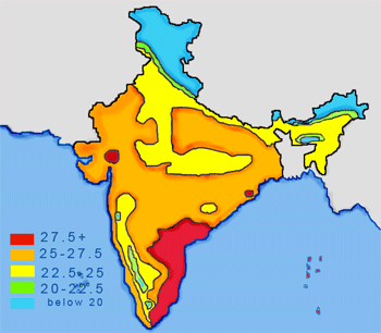 Temperature averages in India; units are in degree Celsius