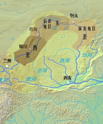 The Hetao region's three sections:"West Loop" (brown), "Back Loop" (light brown) and "Front Loop" (yellow)