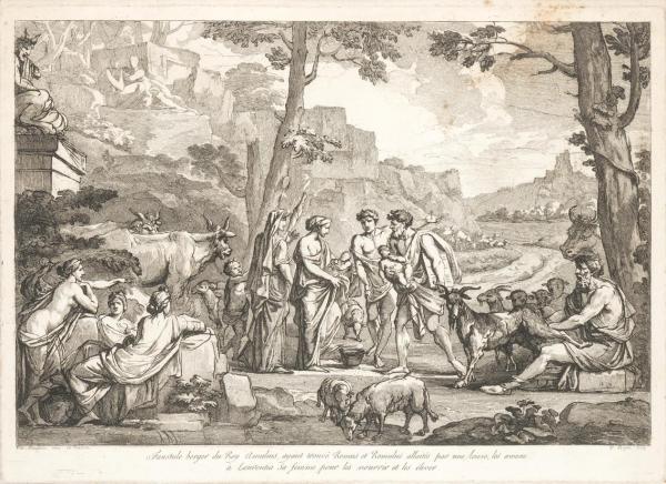 File:Jean François Pierre Peyron (1744-1814), d'après Nicolas Poussin, Faustule berger du roy Amulus ayant trouvé Remus et Romulus allaités par une louve, lot 144.jpg