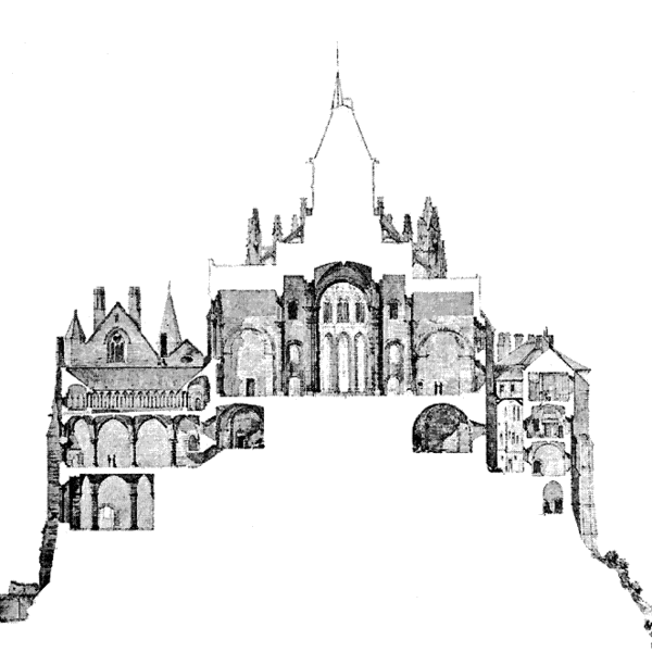 Coupe de l'abbaye; la Merveille se trouve à gauche
