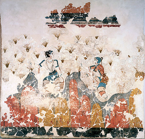 De "saffraanpluksters", fresco aangetroffen in Akrotiri (Santorini)