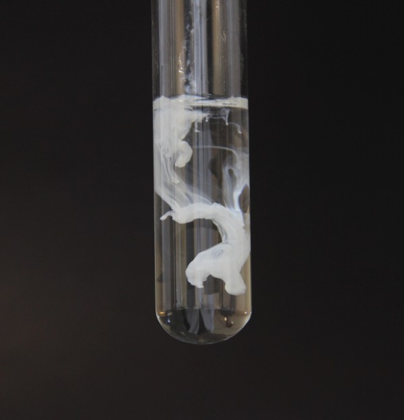 När en lösning av silvernitrat blandas med en lösning av natriumklorid bildas fast silverklorid, AgCl(s).