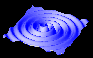 Two-dimensional representation of gravitational waves generated by two neutron stars orbiting each other.