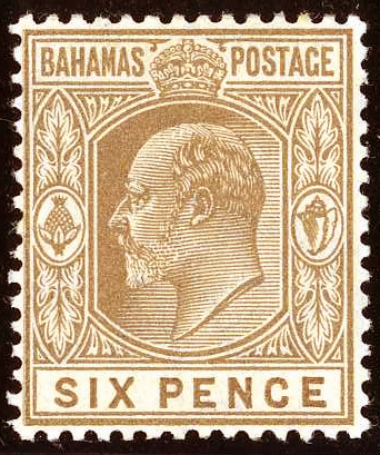 Bistre-brown 1911 6p Bahamas Yv38 SG74.jpg