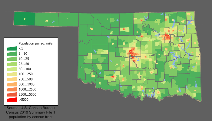 מפת צפיפות האוכלוסין של מדינת אוקלהומה