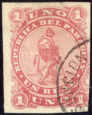 1 real first issue 1870, pink, litho, cancelled at Asuncion. Red lion 1870 Paraguay stamp.jpg