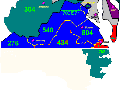 L'area colorata di rosso indica l'angolo sud-est della Virginia servito dal prefisso 757