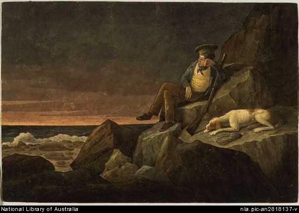 Augustus Earle, ''(Self Portrait) Solitude, watching the horizon at sun set, in the hopes of seeing a vessel, Tristan de Acunha (i.e. da Cunha) in the South Atlantic'', (1824): watercolour; 17.5 x 25.7 cm. [[National Library of Australia