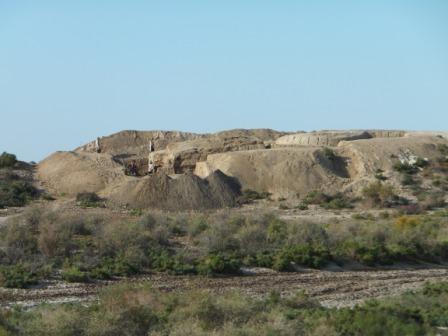 View of citadel of Jankent from the north, with corner tower uncovered (bright feature at upper right) (photo H. Harke 2013) Dzhankent citadel & tower 2013.JPG