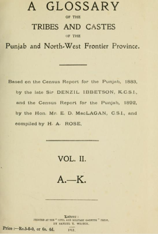 <i>A Glossary of the Tribes and Castes of the Punjab and North-West Frontier Province</i>