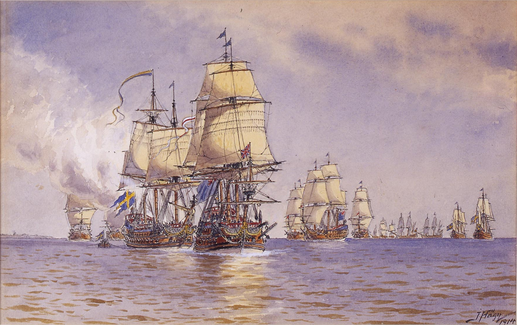 Шведская эскадра. Гогландское сражение 1788. Бой у острова Эзель 24 мая 1719 года. Парусный линейный корабль Кайзер 1858. Якоб Хагг.