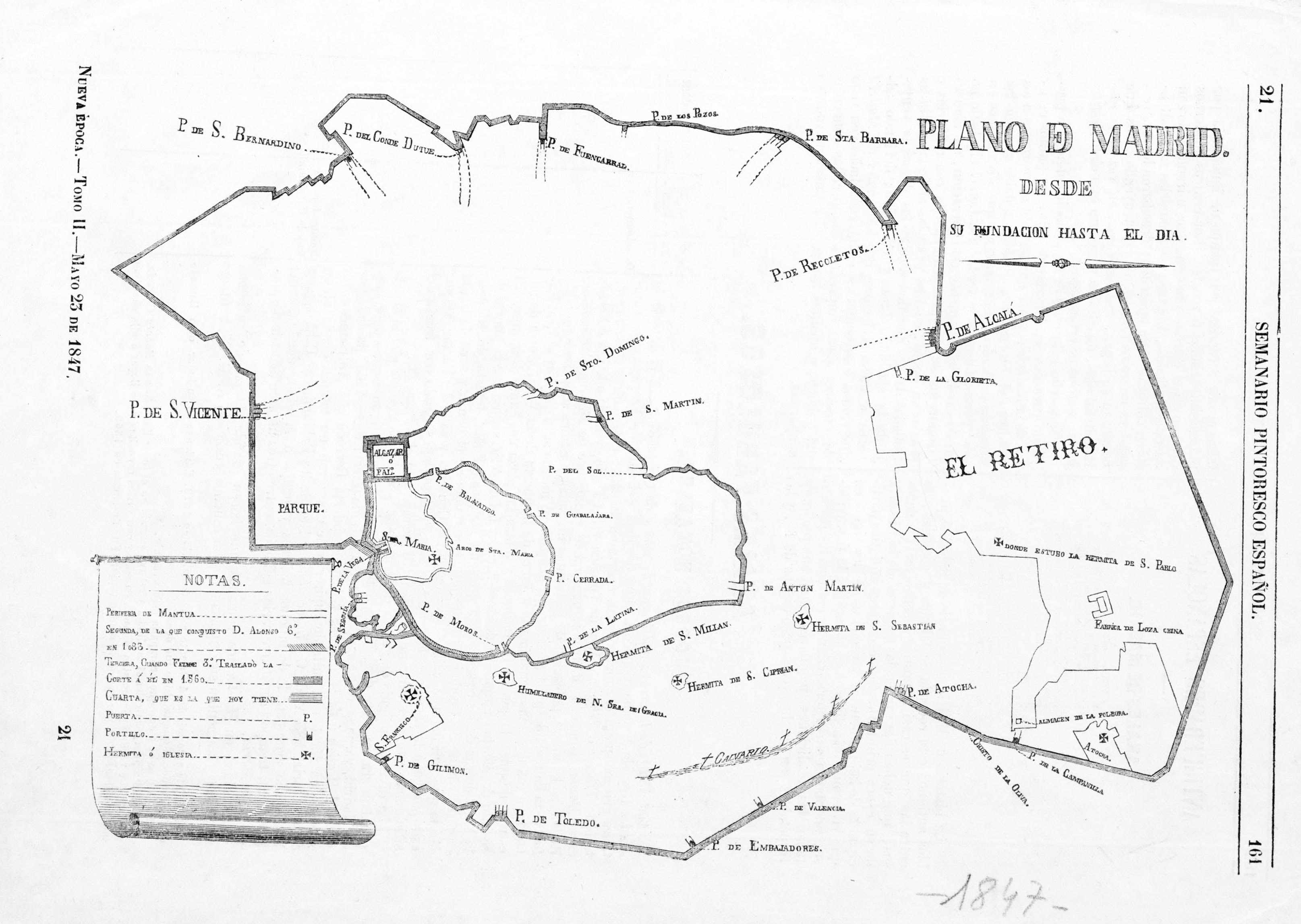 Plano de la cerca de Felipe IV, con puertas y portillos, publicado en 1847 en el Semanario Pintoresco Español.