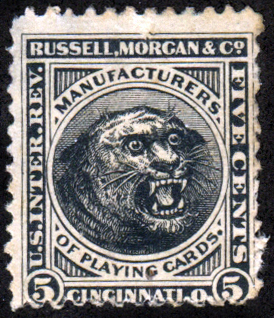 A revenue stamp from a deck of Russell, Morgan & Co. playing cards.
