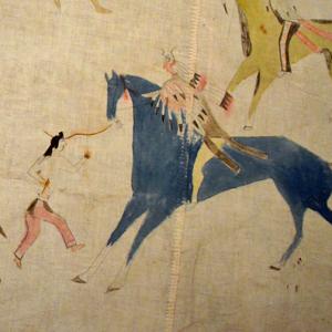 Scenes of battle and horse raiding decorate a muslin Lakota tipi from the late 19th or early 20th century