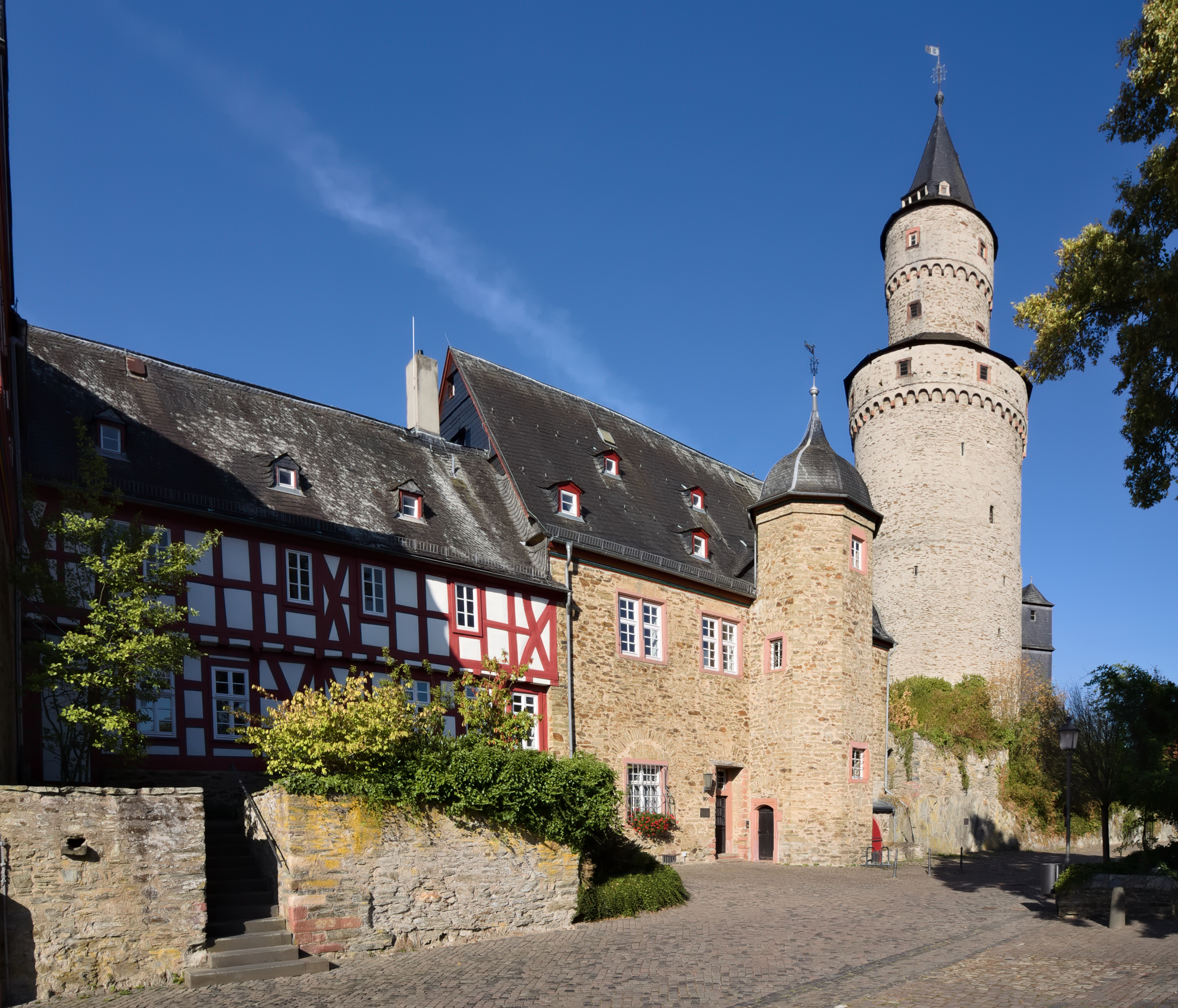 Castle area at Idstein, old local district court and the former keep called Hexenturm (witches tower...