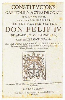 The first page of the Catalan Constitutions mentioning Philip V of Spain as 'Felip IV' Count of Barcelona Catalan Constitutions Philip IV.jpg