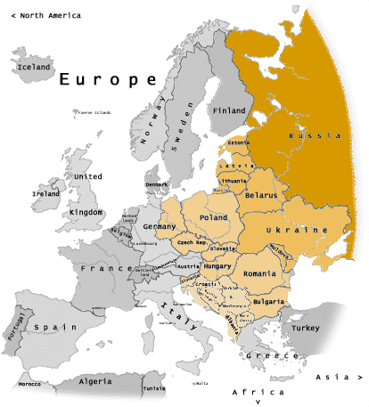 Pre-1989 division between the "West" (grey) and "Eastern Bloc" (orange) superimposed on current borders:   Russia (the former RSFSR)   Other countries formerly part of the USSR   Members of the Warsaw Pact   Other former Communist states not aligned with Moscow
