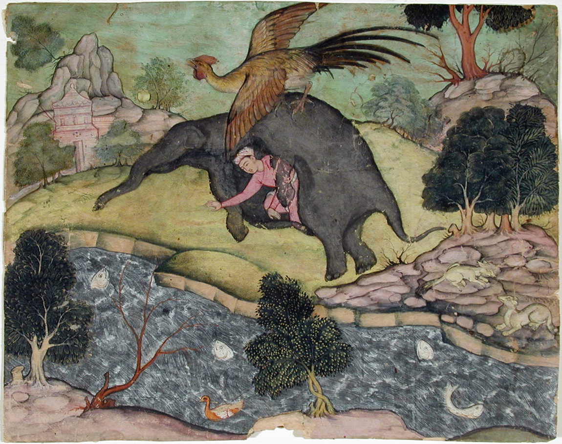 A man hides in an elephant skin and is carried off by a giant simurgh (6125072110).jpg