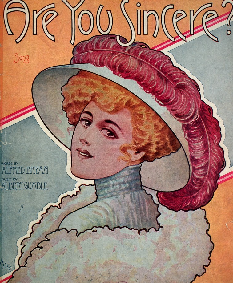 Front cover of the sheet music for Gumble's 1908 hit song "Are You Sincere?".