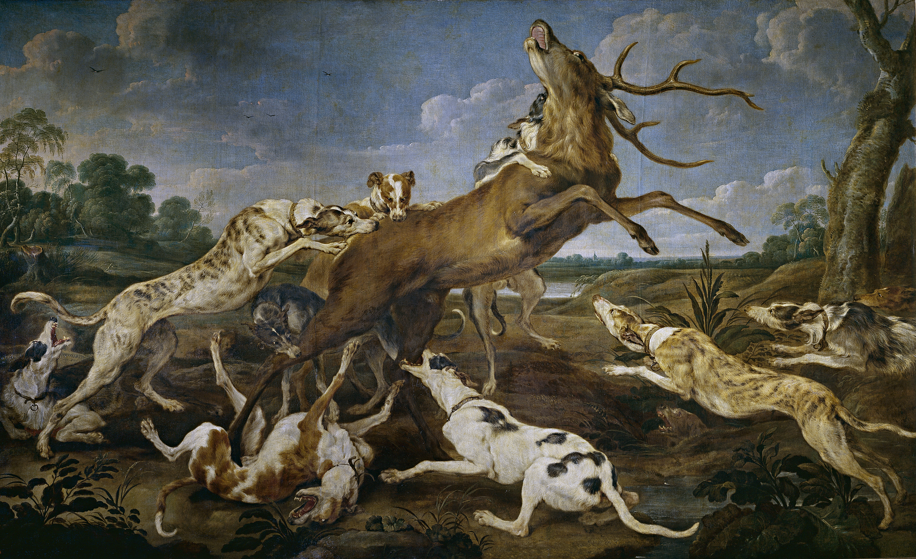 ''Ciervo acosado por una jauría de perros'', óleo sobre lienzo, 212 × 347 cm, [[Museo del Prado