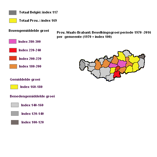 Provincie Waals-Brabant: bevolkingsgroei per gemeente 1970-2016