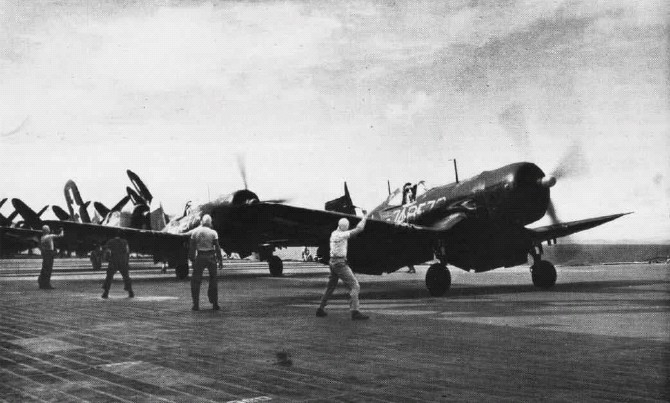 File:F4U-4 Corsairs of VBF-74 launch from USS Midway (CVB-41), circa in late 1945.jpg