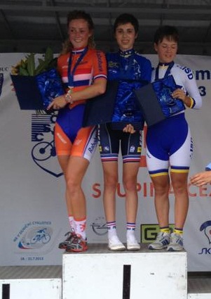 Olena Demidova won the bronze medal in the women's junior time trial in 2013 (Severine Eraud (1), Floortje Mackaij (2)). 2013 European Road Championships, women's junior time trial.jpg