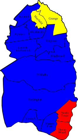 Map of the results of the 2007 Rushmoor council election. Conservatives in blue, Liberal Democrats in yellow and Labour in red.
