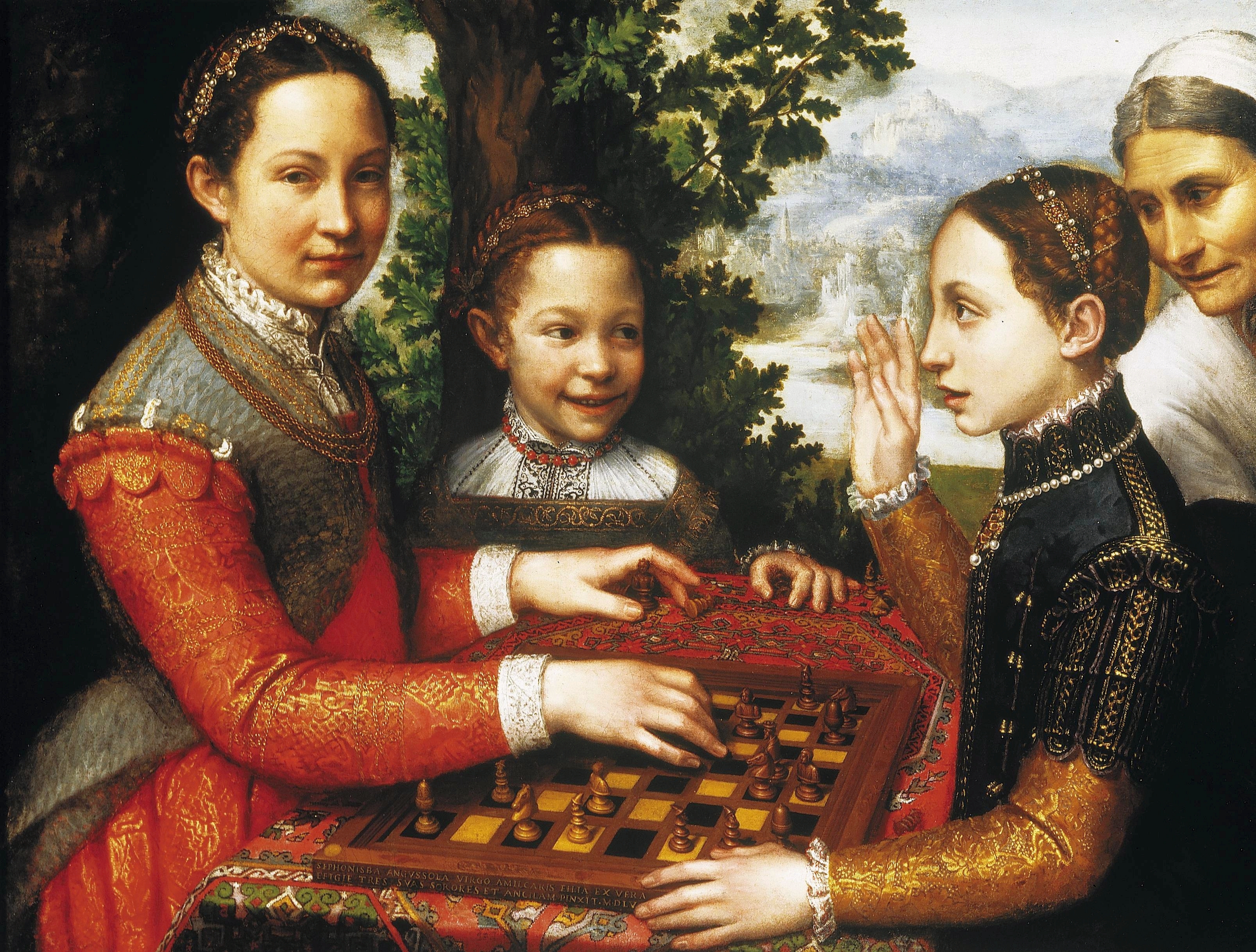 Three well dressed girls around a chessboard while a servant looks on. 