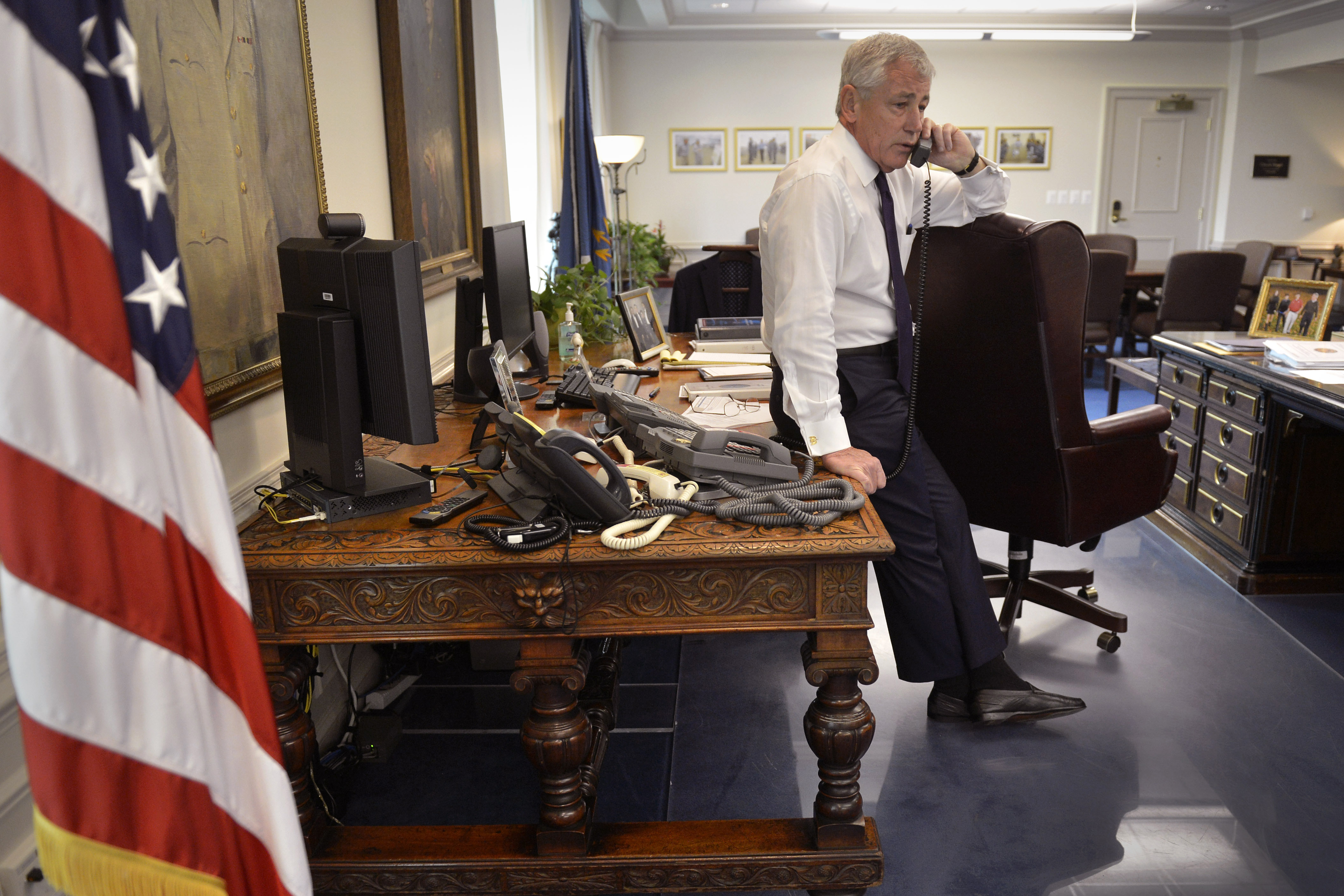File:Defense Secretary Chuck Hagel speaks from his Pentagon office by phone  with Malaysian Defense Minister