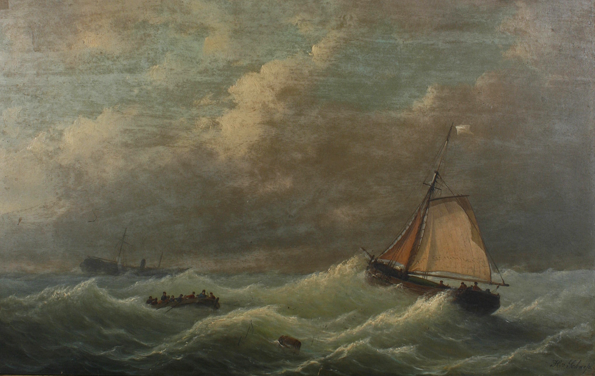 File:Henri Adolphe Schaep - Boten in een stormachtige zee, een zinkend schip in de verte.jpg - Commons