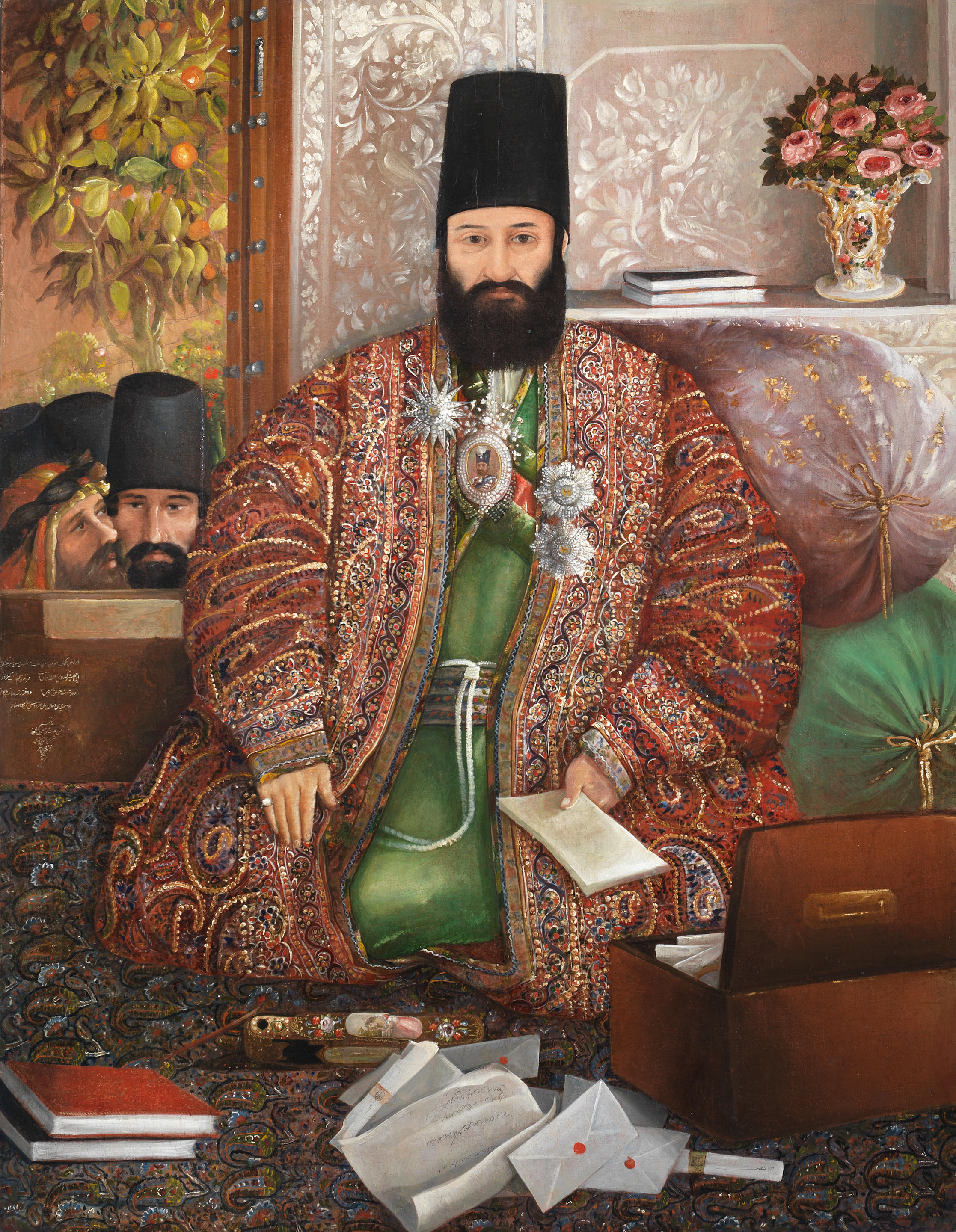 A portrait of the Governor of Khuzestan, Khanlar Mirza Ehtesham ol-Dowleh, just over the age of 40. The portrait was dated November 1866 and inscribed by Zayn al-'Abidin al-Husayni.[65]
