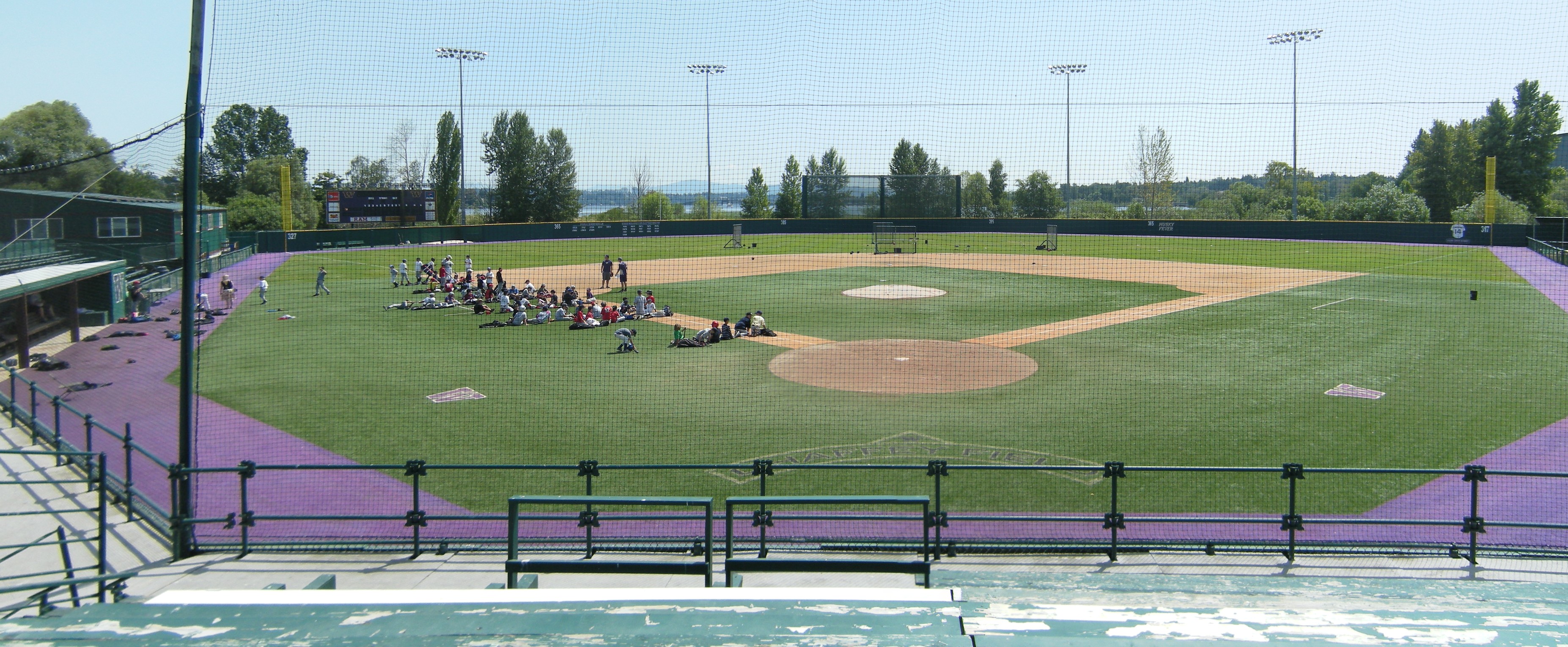 An aerial view of the Husky Softball Stadium on the campus of the