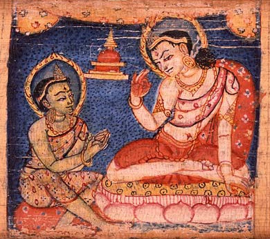Sudhana learning from one of the fifty-two teachers along his journey toward enlightenment. Sanskrit manuscript, 11-12th century.