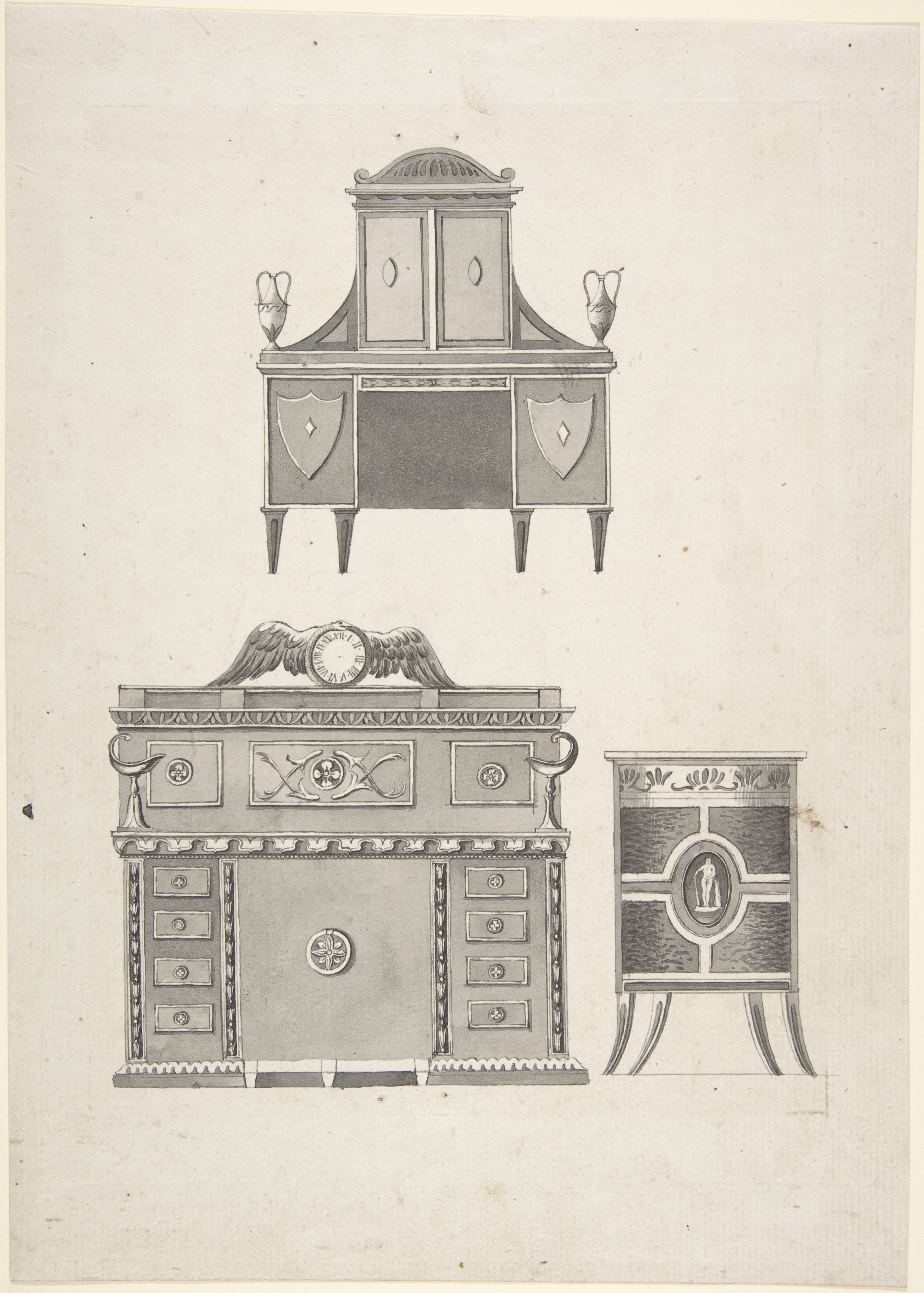 Designs for furniture in a variation on the style of Thomas Sheraton, a breakfront, a sideboard, and a low cupboard