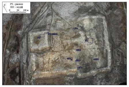 Aerial photo of Jankent, with locations of archaeological sections 2005-2014 Dzhankent aerial photo with sections.JPG