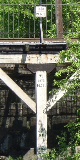 Historic flood stages marked on the B&O viaduct, c. 2006. Hurricane Agnes flood stage (14.5 feet (4.4 m)) is in the middle of the photograph.