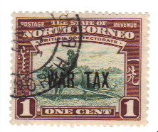 North Borneo war tax overprint, 1941. North Borneo 1941 war tax stamp.jpg